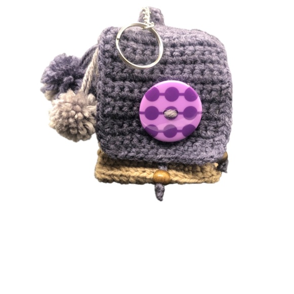 Whimsical Crochet Backpack Keychain – Grape Tan Colorblock, Pom Poms, & Beads - Picture 12 of 12